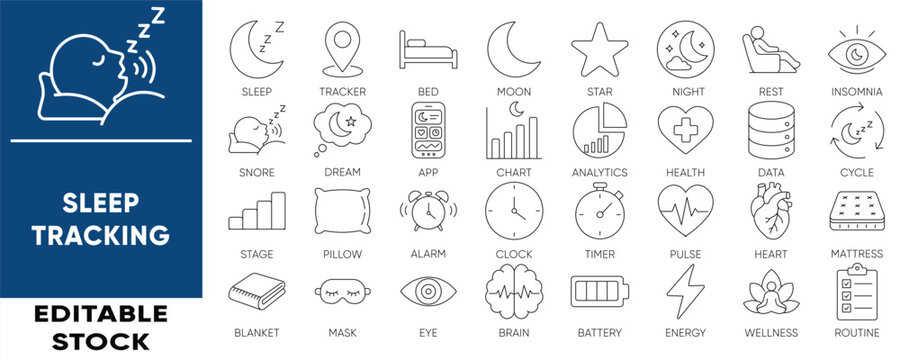 Sleep tracking and wellness line icon set. Vector health app, insomnia, rest, and sleep cycle icons with editable stroke.
