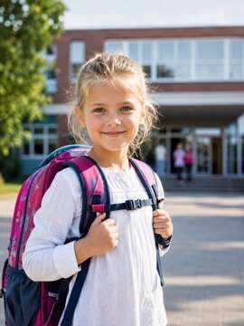 L&auml;chelnde Erstkl&auml;sslerin mit pinkem Schulranzen vor einer Grundschule in Deutschland. Authentisches Portr&auml;t zum Schulanfang, ersten Schultag und Start in einen neuen Lebensabschnitt.