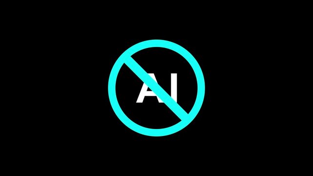 Glowing prohibition sign with white AI text on black background symbol stop .4k motion graphics video animation