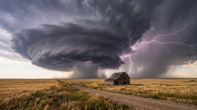 Furious rotating supercell storm with powerful lightning strikes and heavy rain over a rustic country barn