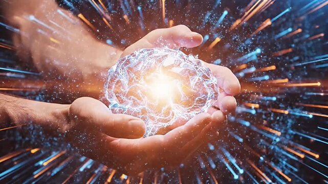 Human hands holding glowing digital brain with light trails