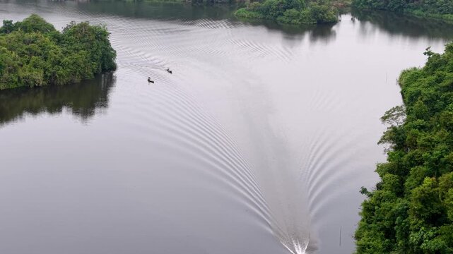 Aerial view of wide river with dense green islands. Boat creates V shaped wake at Tasik Raban