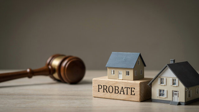 Probate Law Concept with Model Houses, Wooden Block, and Judge Gavel