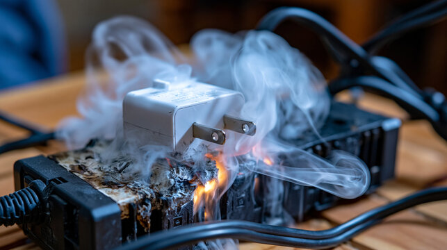 Faulty white USB charging adapter smoking inside a black power strip, visible heat damage, electrical overload concept, consumer electronics safety, realistic smoke patterns, premium macro photograp