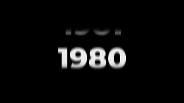 Reverse 56 year counter animation scrolling back from 2026 to 1970. White 3D text on black background. Going back in time flashback and history timeline motion graphics concept.