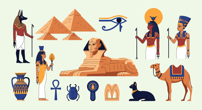 Historical illustrations of ancient Egypt including pyramids, the Great Sphinx, gods, and various sacred symbols.