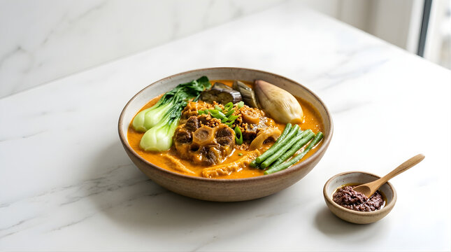 Rich And Hearty Beef Oxtail Stew Served With Fresh Green Vegetables And A Side Of Spicy Condiment In A Rustic Bowl On A White Marble Countertop