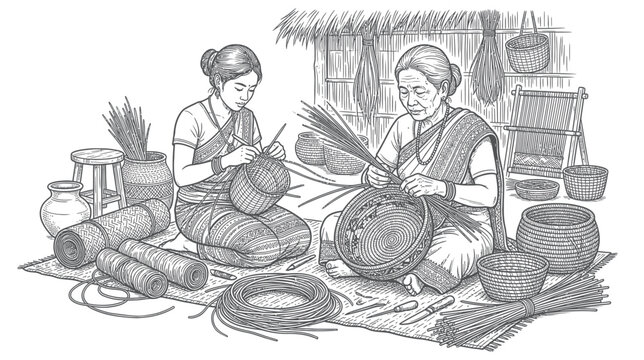 Women Weaving Baskets in Rural Workshop