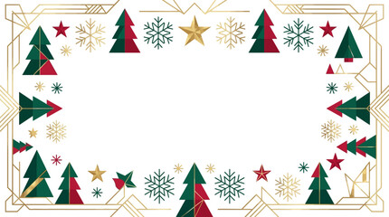 Obraz premium A festive holiday border design featuring Christmas trees, stars, and snowflakes in a gold geometric frame on a white background