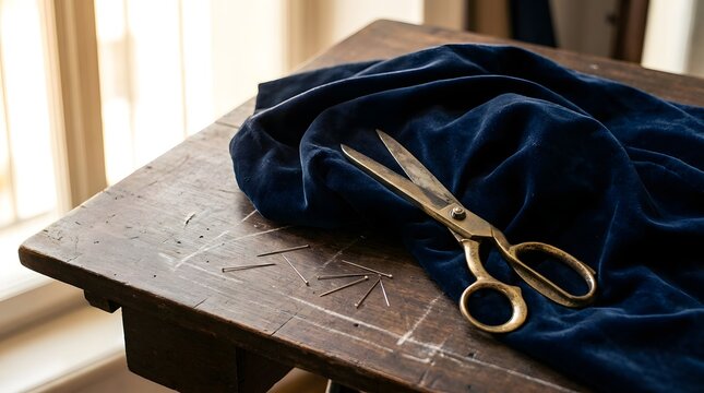 Vintage brass scissors resting on draped blue velvet fabric on a rustic wooden table lit by soft window light.