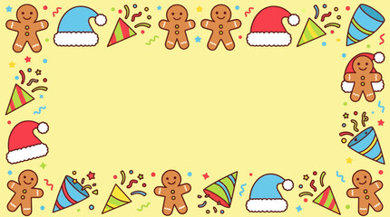 Fototapeta premium A festive holiday scene featuring gingerbread men wearing party hats and surrounded by colorful confetti and decorations.