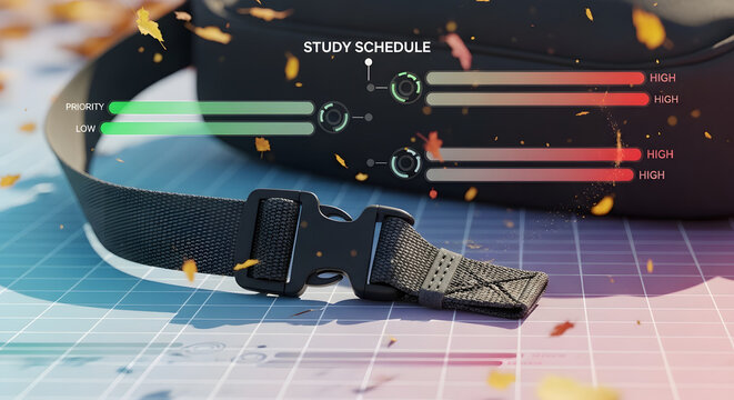 Black backpack strap with plastic buckle fastener lying on top of grid mat background with autumn leaves flying around and study schedule progress bars showing high priority.
