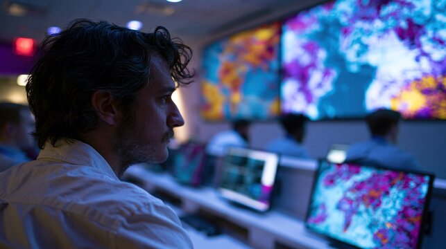 Instructor overseeing cyber security trainees during incident simulation in control room