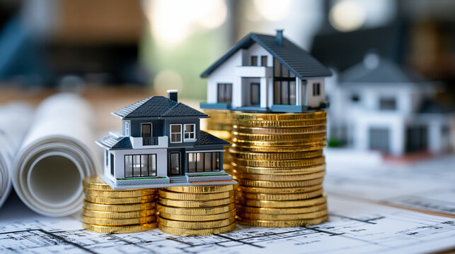 Miniature modern house models resting on neatly stacked gold coins beside rolled architectural blueprints, real estate investment concept, home financing, mortgage planning, property development, pr