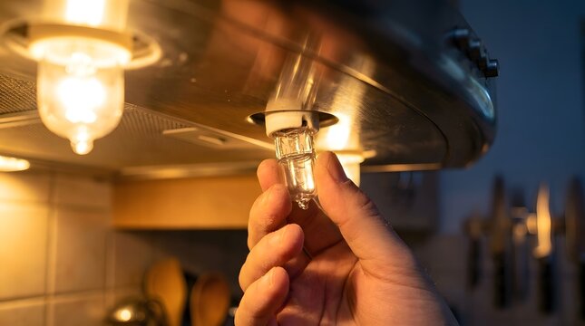 A hand replacing a small halogen bulb in a kitchen extractor hood under warm light with shallow depth of field.