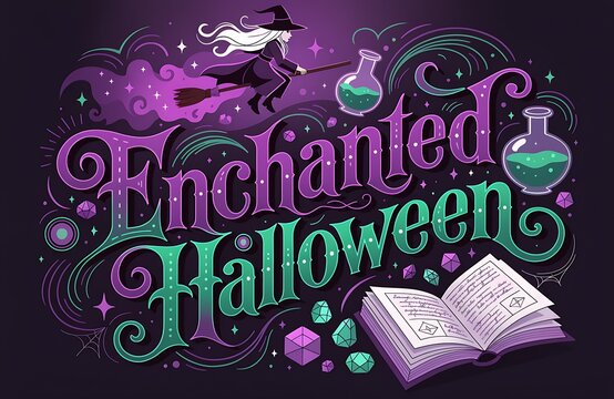 Enchanted Halloween typography with witch on broomstick spellbook and magic potion bottles