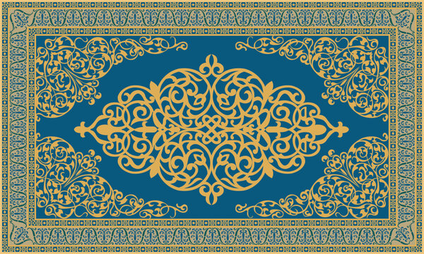 luxury persian carpet vector design with elegant gold arabesque and floral patterns on a deep blue background. traditional middle eastern and turkish rug style featuring a detailed central medallion.