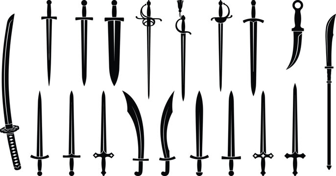 Medieval and Fantasy Sword Silhouette Collection Vector Set with Daggers and Polearm Weapons