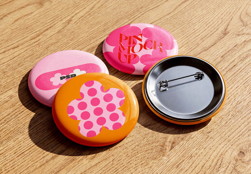 Round Pin Badge Mockup on Wood Surface