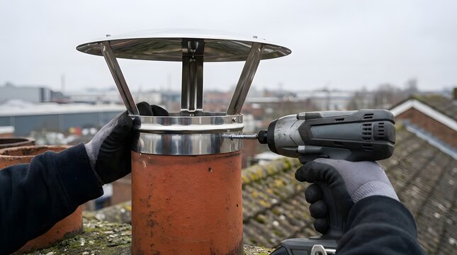 Handyman installing a stainless steel chimney cowl on a terracotta pot with a power driver on a house rooftops.