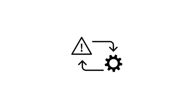 Animated risk management process line icon with blinking alert and warning symbols, featuring a rotating gear.4k Video