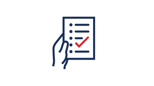 Hand holding checklist with red checkmark, task completion icon