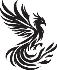 Fototapeta premium Mythical Phoenix Bird Ascending From Flames With Spread Wings In Stylized Black Vector Design