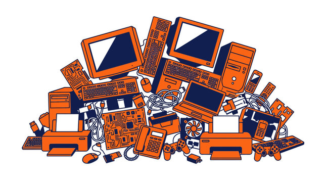Pile of old computer electronics and equipment, technology waste, e-waste concept