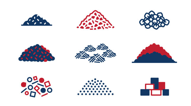 Abstract Geometric Shapes and Piles of Elements in Red and Blue