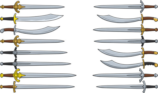 Medieval and Fantasy Sword Collection Flat Vector Weapon Illustration Set for Game Assets