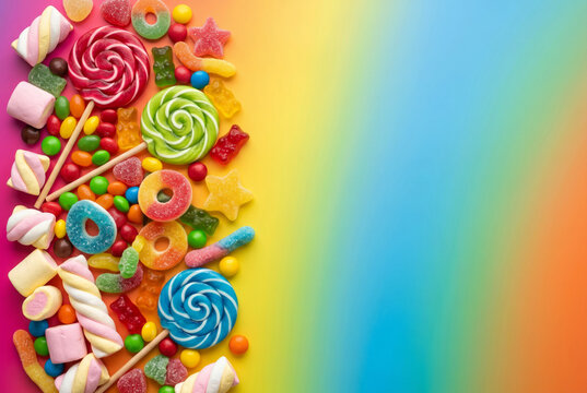 Assorted colorful candies, lollipops, jelly sweets and marshmallows on a vibrant rainbow background. Sweet candy concept. Copy space
