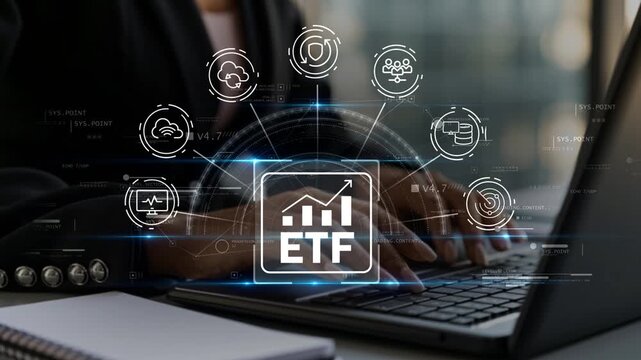 Businesswoman using laptop with animated ETF icon, digital investment dashboard, portfolio management technology, cloud finance services, cybersecurity and modern wealth management platform