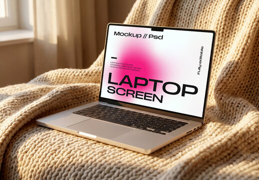 Laptop Screen Mockup on Knit Blanket