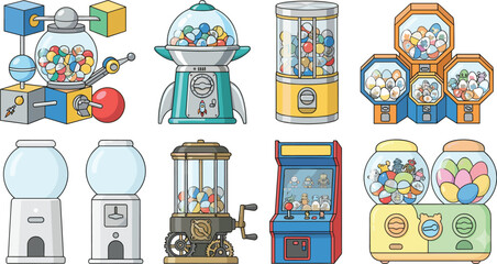 Fototapeta premium Gumball machine vector set capsule toy vending machines arcade claw candy dispensers