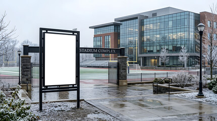 Naklejka premium Blank Billboard Mockup at Winter Stadium Entrance