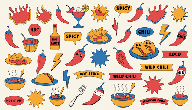 Fun cartoon collection of Mexican food and spicy chili peppers.