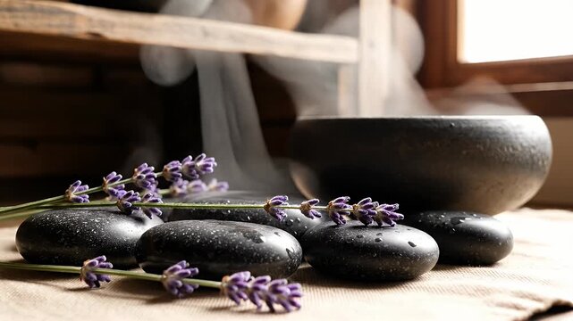 Lavender flowers and black basalt stones with steam in spa