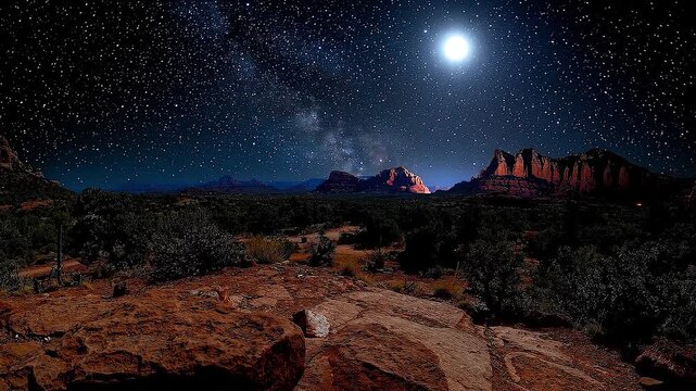 Time lapse sequence of sun setting behind rock formations with bright stars at nighttime sky.