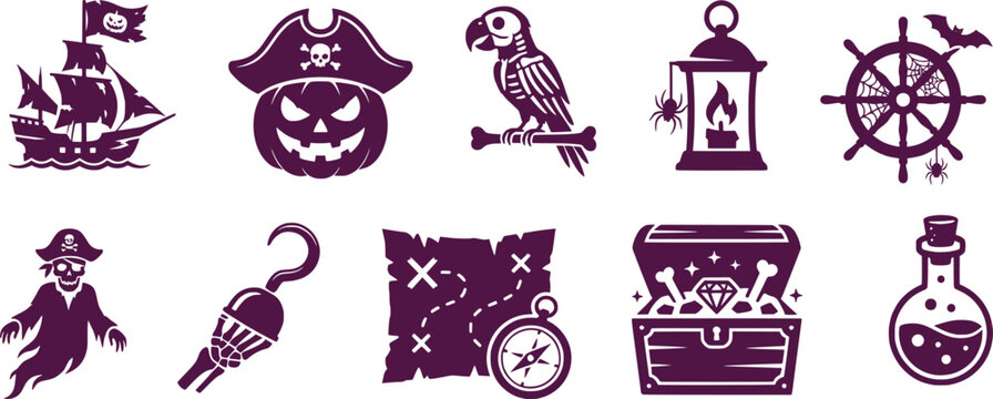 Spooky Halloween pirate silhouette icon set featuring a ghost ship jack-o'-lantern captain skeleton parrot treasure map diamond chest and poison potion bottle vector graphic