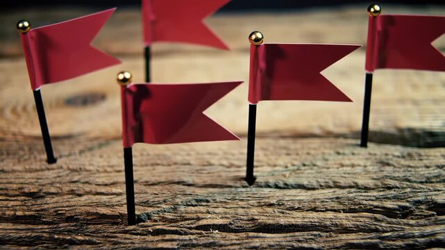 Small red flags with golden toppers are inserted into a rough, textured, aged wooden surface