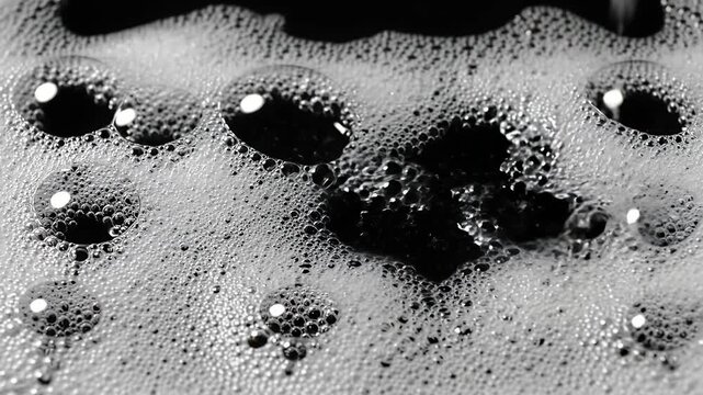 Macro view of soap bubbles and water surface.
