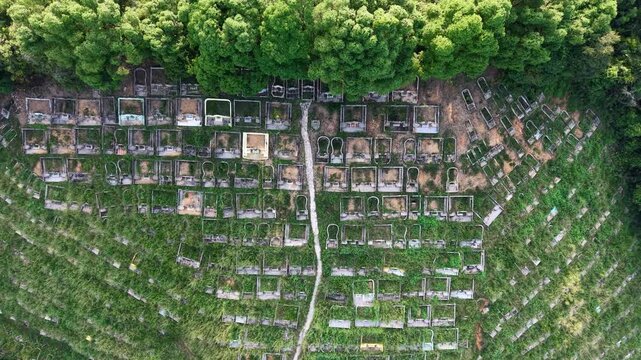 Aerial view of terraced graves on a grassy hillside at Kampar