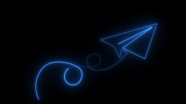 blue color paper plane flying in and out of the frame. Neon glowing Paper airplane is flying. Business success concept. One line drawing. glowing neon motion video..