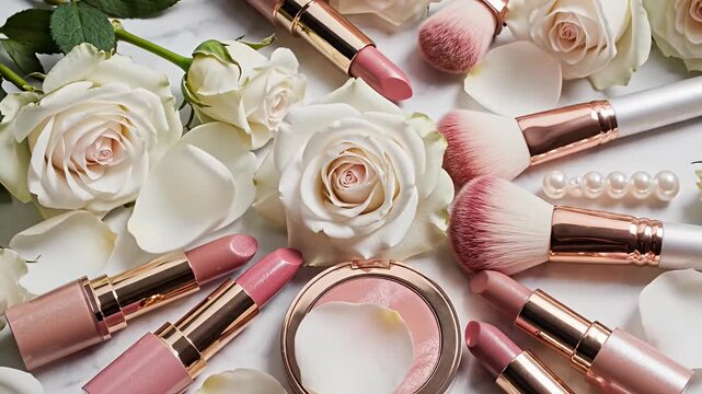 Makeup brushes and lipsticks with white rose flowers.