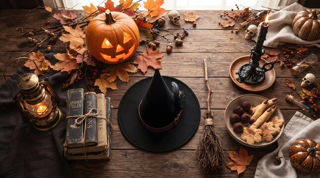 Rustic Halloween Still Life With Jack-O'-Lantern, Witch Hat, Pumpkins, Candies and Autumn Leaves