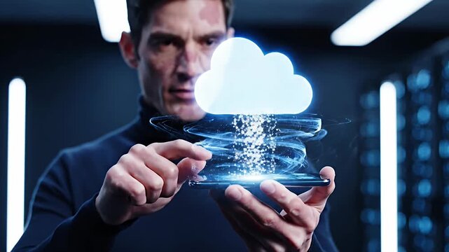 Man holding smartphone with glowing cloud data in server room