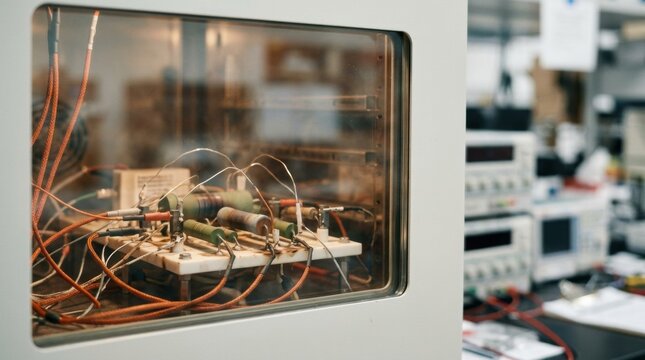 Closeup of resistors undergoing accelerated stress testing in a thermal chamber analyzing reliability through temperature and electrical load variations.