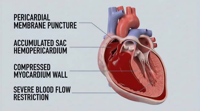 Medical illustration of a human heart showing hemopericardium and pericardial complications