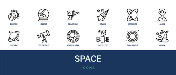 Set of 12 outline web Space icons such as moon, black hole, satellite, atmosphere, telescope, saturn, alien vector icons for report, presentation, diagram, web design, mobile app © Emilia