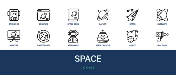 Set of 12 outline web Space icons such as space gun, comet, space capsule, astronaut, planet earth, monitor, satellite vector icons for report, presentation, diagram, web design, mobile app © Emilia